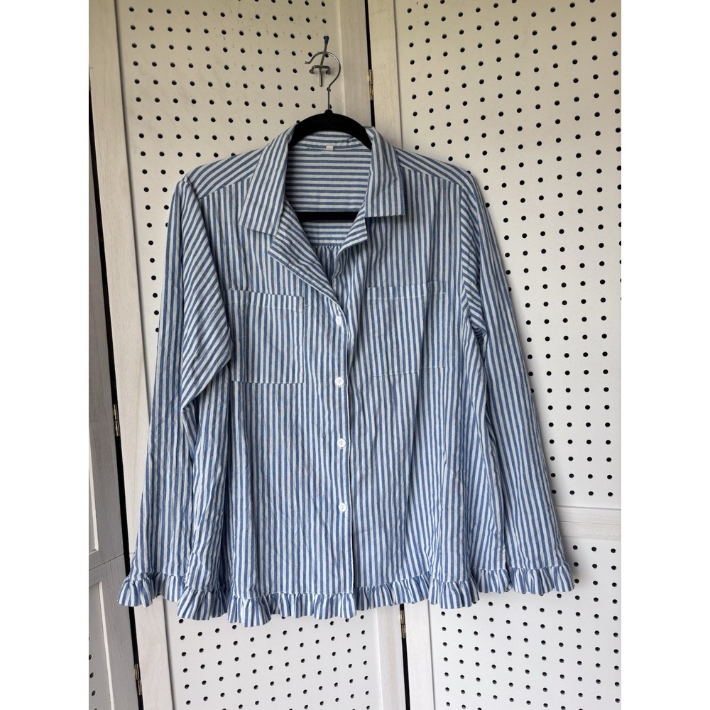 Unbranded Women's Lg Striped Blue White Button Down Chambray Shirt Ruffle Cotton